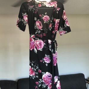 Black Floral Midi Wrap Dress